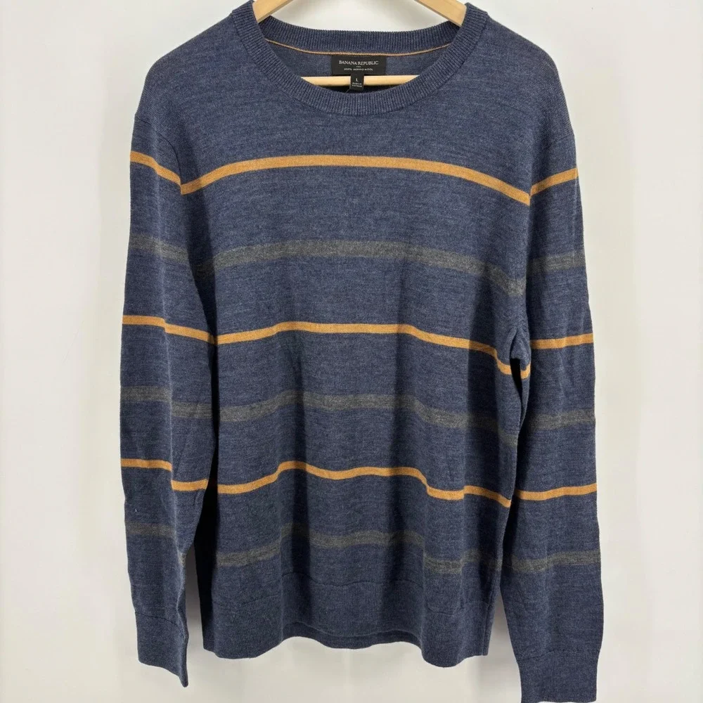 Banana Republic Sweater Mens L Blue NWT Merino Wool Stripe Crew Neck Long Sleeve